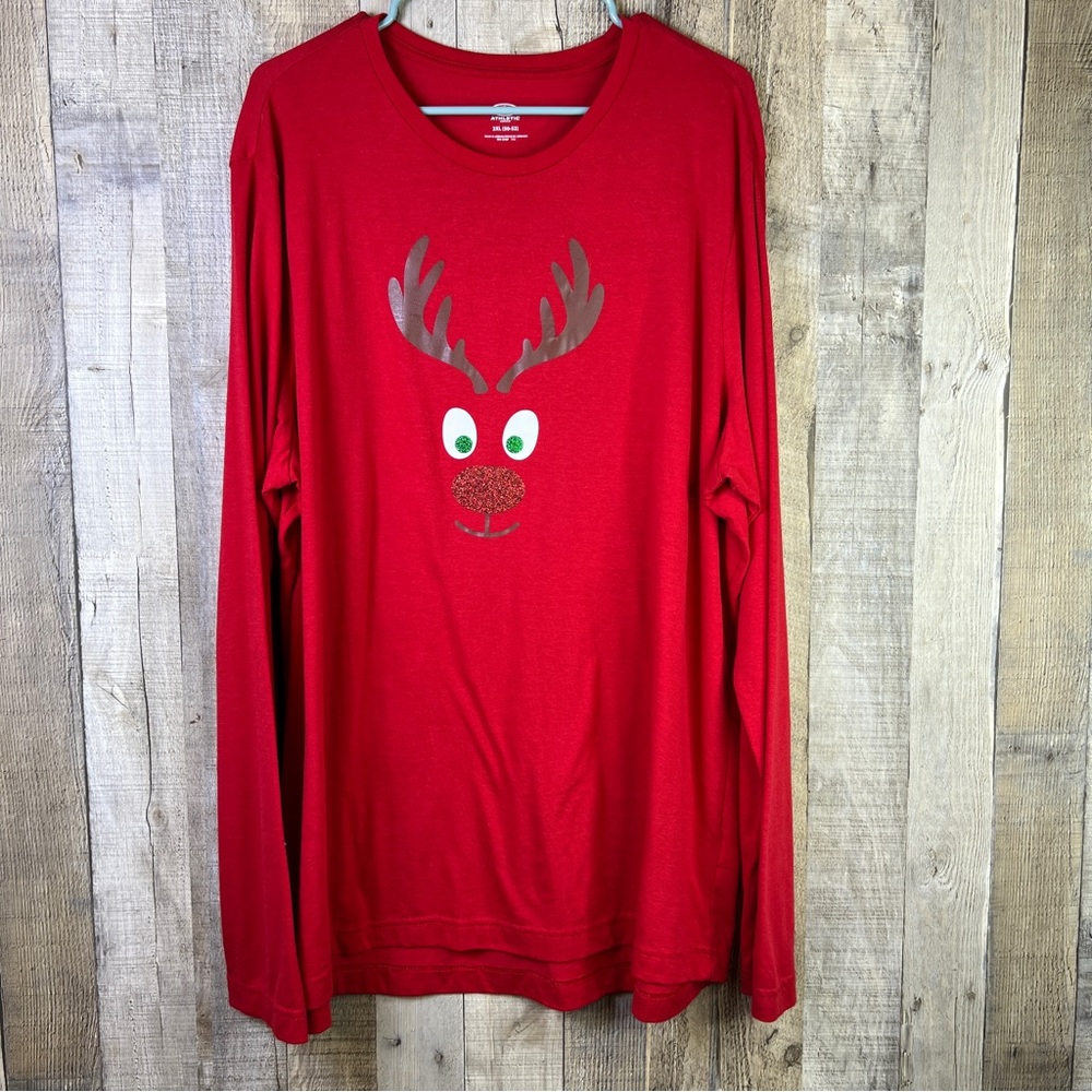 Athletic Works 2XL(50-52) Dri-Works Red Crewneck Long sleeve Rudolph T-S…
